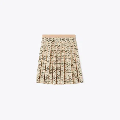 Tory Burch T Monogram Pleated Viscose Skirt In Apricot Blush T Logo Drop Shadow