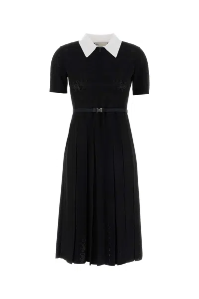 Tory Burch T Monogram Pointelle Pleated Dress In Black