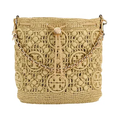 Pre-owned Tory Burch T Monogram Raffia Bucket Bag 'natural' | Tan | Women's Size Onesize