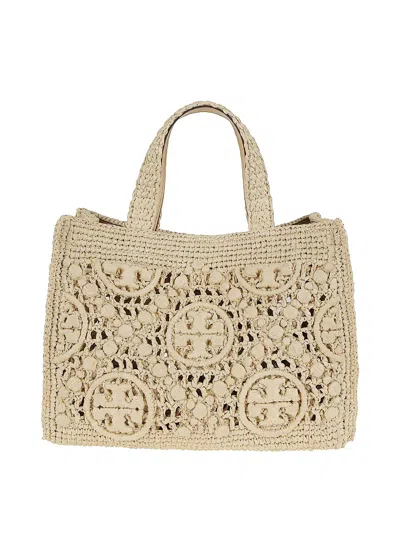Tory Burch T Monogram Raffia Square Tote In Sand