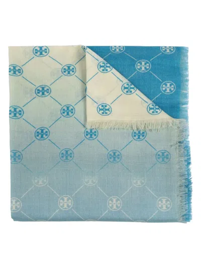 Tory Burch T Monogram Scarf In 400 Blue/white