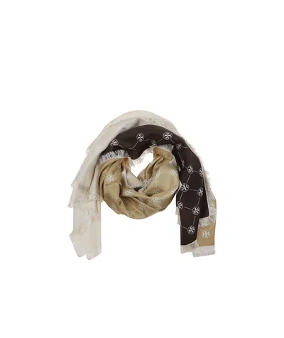 Tory Burch T Monogram Silk Oblong Scarf In Tan Chocolate
