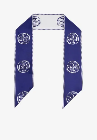 Tory Burch T Monogram Silk Ribbon Tie In Blue