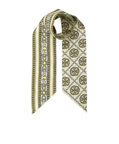Tory Burch 't' Monogram Silk Scarf In Neutral