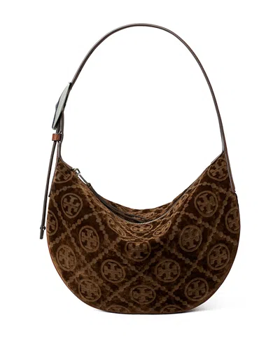 Tory Burch T Monogram Small Flocked Shoulder Bag In Brown