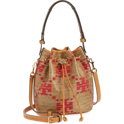 Tory Burch T Monogram Straw Bucket Bag In Brown