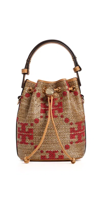 Tory Burch T Monogram Straw Mini Bucket Bag Natural In Brown