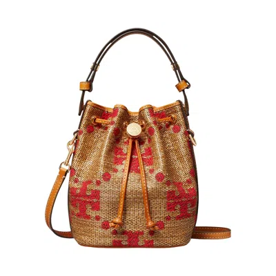 Pre-owned Tory Burch T Monogram Straw Mini Bucket Bag 'natural' | Tan | Women's Size Onesize