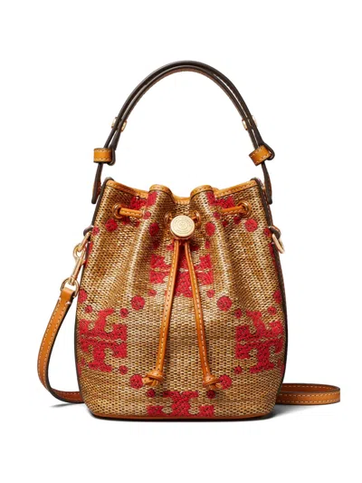 Tory Burch T Monogram Straw Mini Bucket Bag Natural In Brown