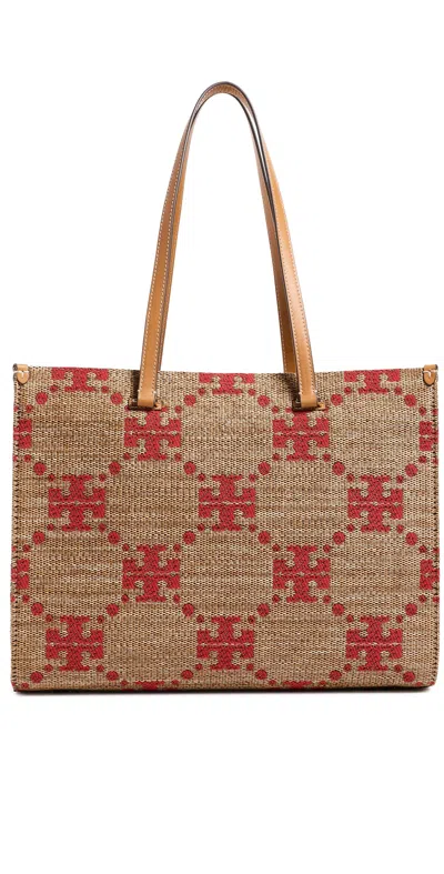 Tory Burch T Monogram Straw Tote Natural In Brown