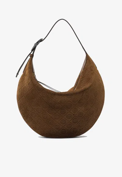 Tory Burch T Monogram Suede Leather Hobo Bag In Brown