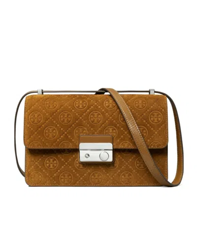 Tory Burch T Monogram Suede Shoulder Bag In Brown