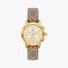 TORY BURCH T MONOGRAM TORY WATCH, JACQUARD/LUGGAGE LEATHER/GOLD-TONE STAINLESS STEEL, 37 X 37MM