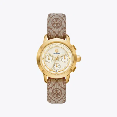Tory Burch T Monogram Tory Watch, Jacquard/luggage Leather/gold-tone Stainless Steel, 37 X 37mm In Hazel Jacquard/luggage