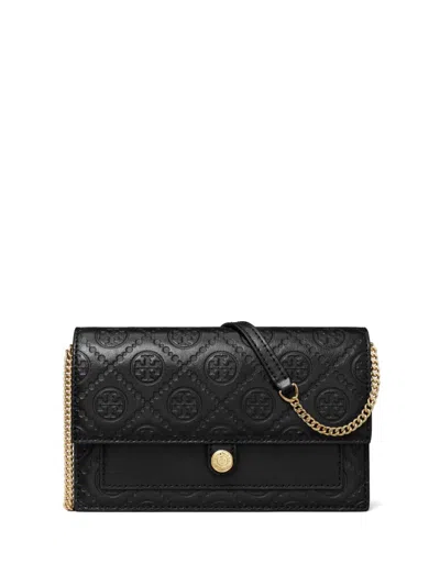 Tory Burch T Monogram Debossed Wallet On A Chain In Black
