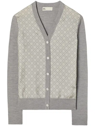 Tory Burch Merino Wool-silk Panel Cardigan In Multi