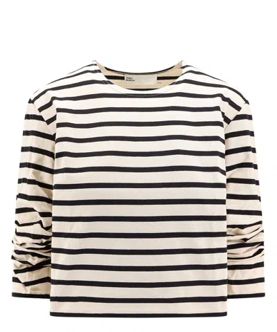 Tory Burch Scrunched-sleeve Striped T-shirt In Beige