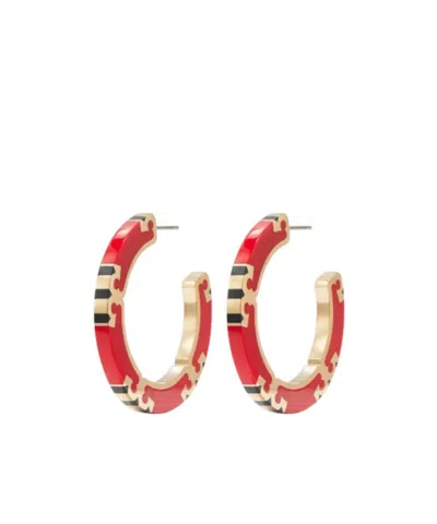 Tory Burch T Stripe Hoop Earrings In Orange