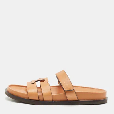 Pre-owned Tory Burch Tan Leather Ines Sport Flat Slides Size 41 In Brown