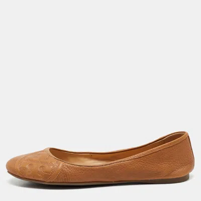 Pre-owned Tory Burch Tan Leather Logo Embossed Ballet Flats Size 38.5