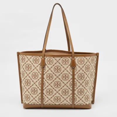 Pre-owned Tory Burch Tan/beige Canvas Logo Triple-compartment Perry Tote