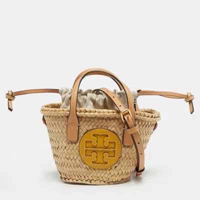 Pre-owned Tory Burch Tan/natural Straw Mini Ella Basket Tote In Brown