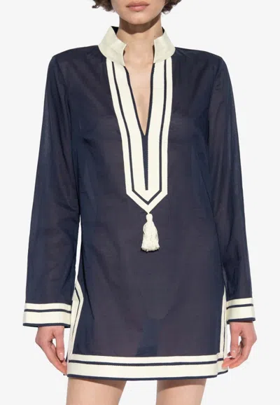 Tory Burch Tasseled V-neck Tunic Mini Dress In Blue