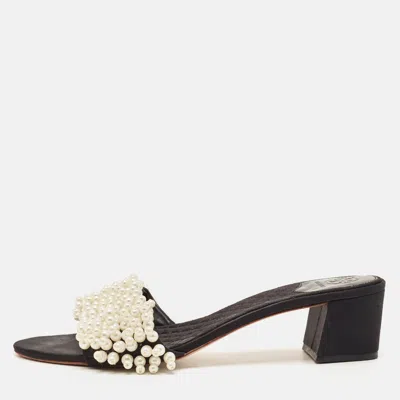Pre-owned Tory Burch Tatiana Size 40 Black Satin Pearl Embellished Flat Sandals