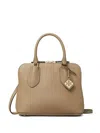 TORY BURCH TAUPE GRAINED LEATHER HANDBAG WITH LOGO CHARM AND GOLD-TONE HARDWARE