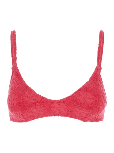 Tory Burch Terry Pink Bikini Top With Adjustable Spaghetti Straps And All-over Logo Embroidery In Cotton Blend  In Red