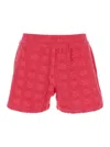 Tory Burch Terry Pink Shorts With Elastic Waist And All-over Logo Embroidery In Cotton Blend Stretch Woman In Red