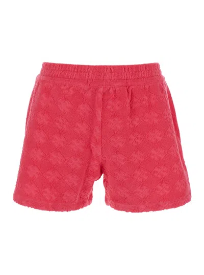 Tory Burch Terry Pink Shorts With Elastic Waist And All-over Logo Embroidery In Cotton Blend Stretch Woman