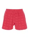 Tory Burch Terry Pink Shorts With Elastic Waist And All-over Logo Embroidery In Cotton Blend Stretch Woman In Red
