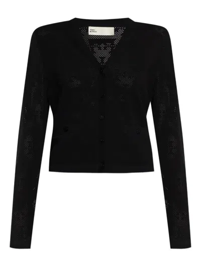 Tory Burch Textured Black Button Front Top With V-neckline And Pockets