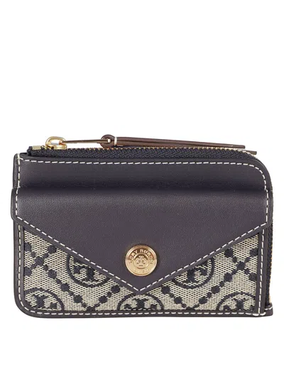 Tory Burch Textured Fabric And Leather Wallet In Gray