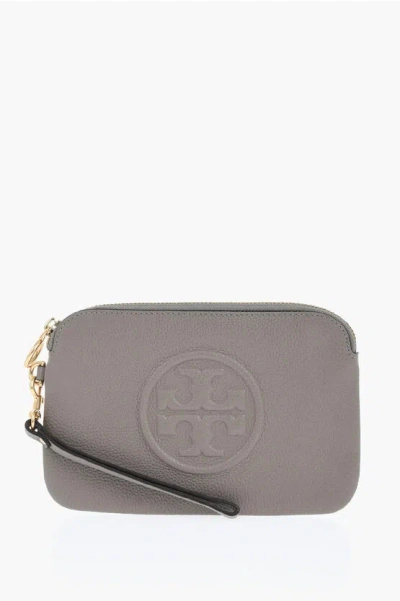 Tory Burch Textured Leather Clutch With Wrist Strap In Gray