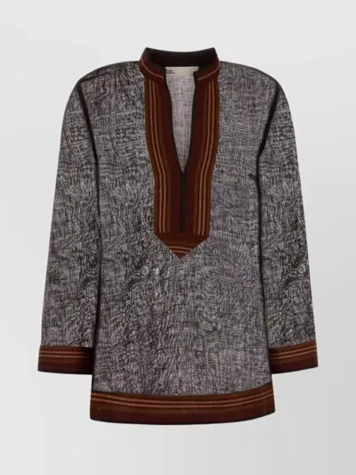 TORY BURCH TEXTURED LINEN BLOUSE CONTRAST TRIM