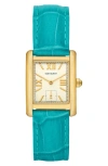 Tory Burch The Eleanor Watch - Croc Embossed Leather And Gold-tone Stainless Steel In Turquoise