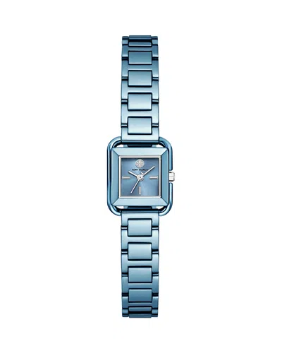 TORY BURCH THE KIRA SQUARE SMALL THREE HAND BLUE STAINLESS STEEL WATCH, 18MM X 18MM