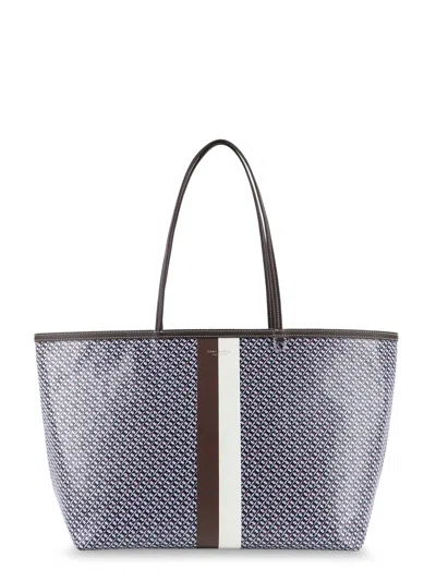 Tory Burch The Racer Tote Shoulder Bag In Coated Canvas With All-over Logo In Blue