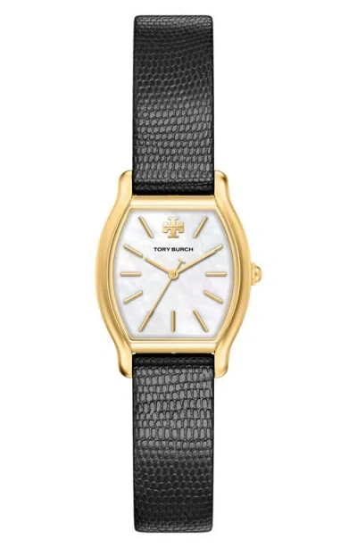 Tory Burch The Small Eleanor Small Curve Leather Strap Watch, 23mm X 31mm In Black