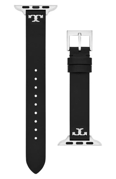 Tory Burch The 't' Leather 14mm Apple Watch® Watchband In Black
