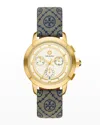 Tory Burch The Tory Chronograph Watch With Blue Fabric And Luggage Leather Strap In Black