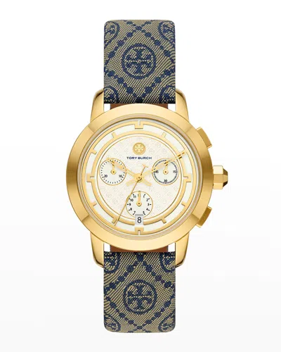 Tory Burch The Tory Chronograph Watch With Blue Fabric And Luggage Leather Strap In Black