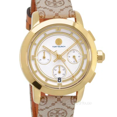 Pre-owned Tory Burch The Tory Womens Gold Chronograph Watch Beige Jacquard Band White Dial