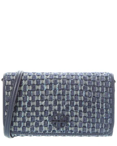 Tory Burch Thea Denim Flat Wallet Crossbody In Blue