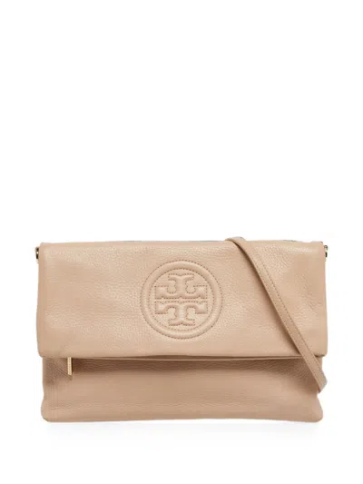 Pre-owned Tory Burch Thea Fold-over Leather Shoulder Bag In Neutral