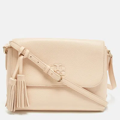 Pre-owned Tory Burch Thea Peach Leather Messenger Bag In Orange