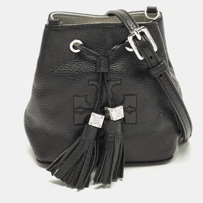 Pre-owned Tory Burch Thea Tassel Mini Black Leather Bucket Bag