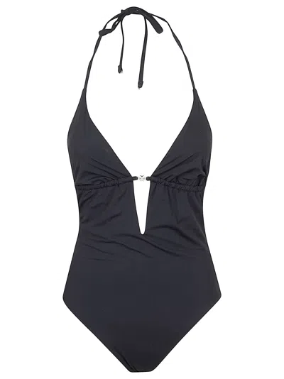 Tory Burch Halter Neck Plunge Swimsuit Ring Detail In Black